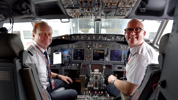 Rex pilots John Veitch and Brett Brown on the inaugural flight from Melbourne to Sydney. 