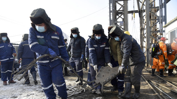 Rescuers work to clear rubble at the mine explosion in Shandong Province last week. 