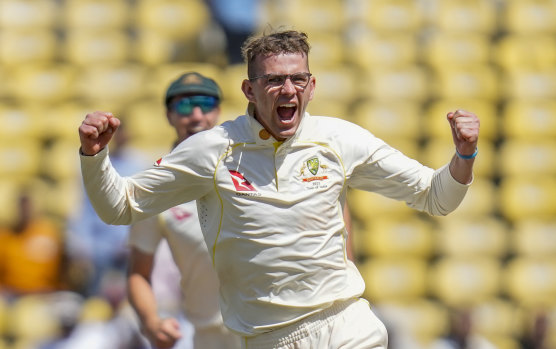 Australia’s Todd Murphy celebrates dismissal of India’s Virat Kohli during the second day of the first cricket test match.