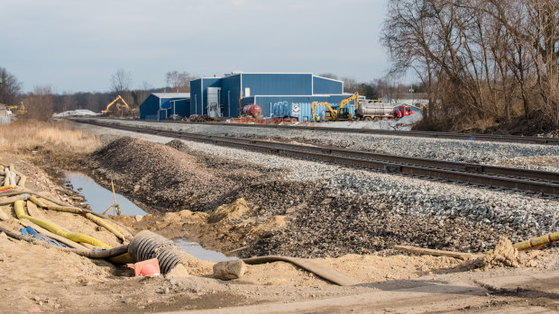 The derailment site on Monday, as the clean-up continues.