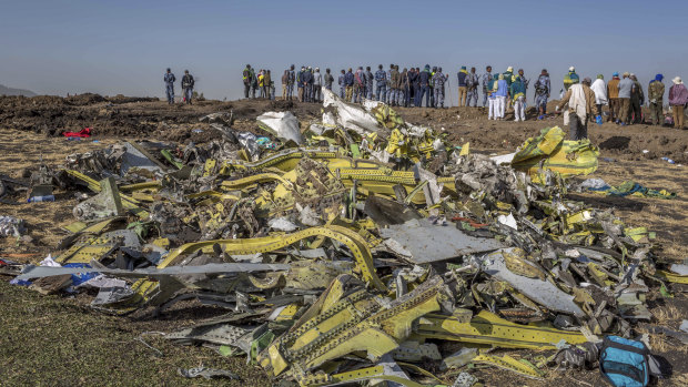 Wreckage is piled at the crash scene of an Ethiopian Airlines flight crash near Bishoftu, Ethiopia.