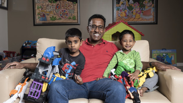 Niro Thambipillay and sons Sathyan, 5, and Shivan, 2, at their apartment in Pymble. 