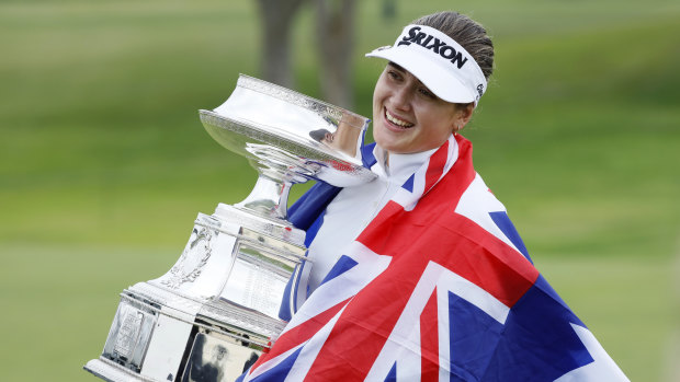 Hannah Green celebrates her triumph in the Women's PGA Championship.