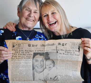 Look at us: Loretta Hill (right) and mother Judy Johnston hold The Age's front page article from July 23, 1963, when baby Loretta was named Melbourne's 2 millionth citizen.