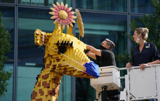 A seven-metre-tall giraffe made of 45,000 Lego pieces  at the reopening of the Legoland Discovery Centre in Berlin in June. 