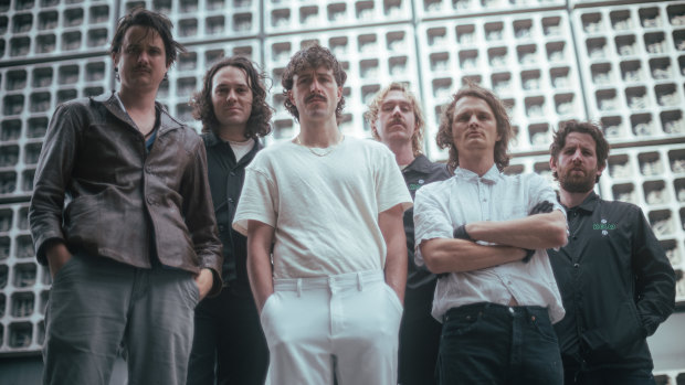 King Gizzard & the Lizard Wizard (left to right) Ambrose Kenny-Smith, Michael Cavanagh, Joey Walker, Cook Craig, Stu Mackenzie and Lucas Harwood.
