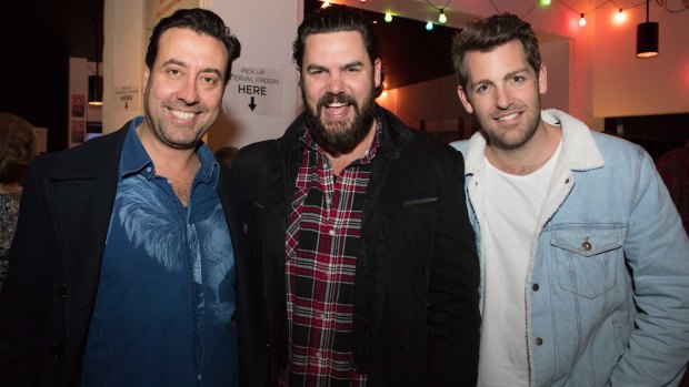 Joe Accaria, Ben Mingay and Tim Ross at the opening night of Calamity Jane at the Belvoir St Theatre on Saturday.