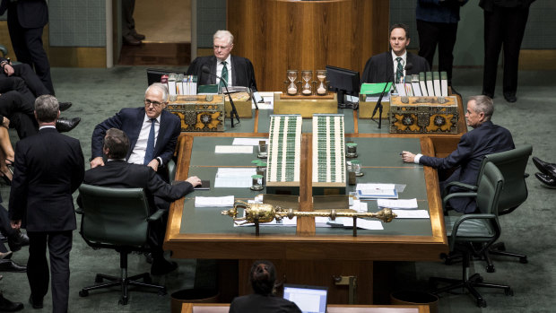 Prime Minister Malcolm Turnbull and Mr Shorten in the House of Representatives during a division to adjourn Parliament.