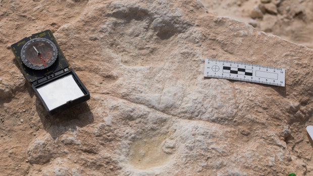 One of the human footprints identified by the researchers in the ancient lake site.