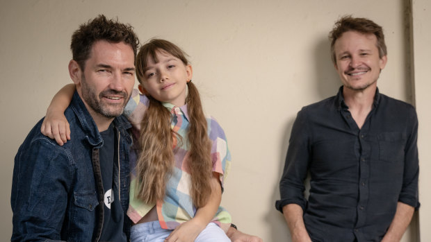 Director Nash Edgerton (left) with nine-year-old daughter Zumi and Damon Herriman, who both star in the short film Candy Bar that is having a world premiere at Flickerfest.