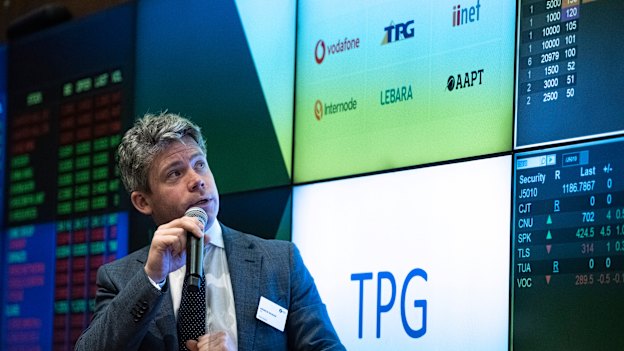 ASX Senior Manager Andrew Weaver launching the combined Vodafone TPG as a new listing on the stock exchange.