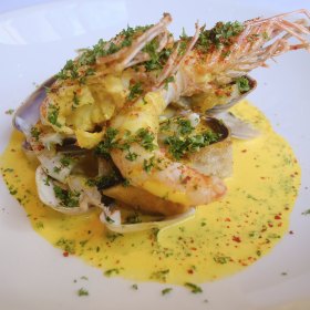 King prawns with pipis and mussels.