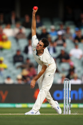 Pat Cummins bowling with the pink ball in Adelaide in 2019.