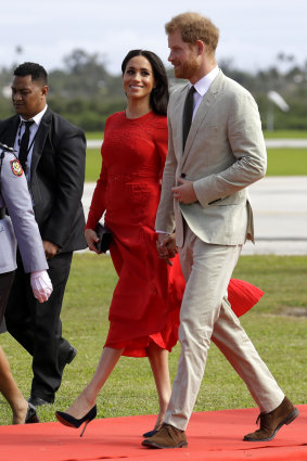 Britain's Prince Harry and Meghan, Duchess of Sussex, arrive in Nuku'alofa,Tonga.