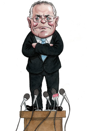 Scott Morrison approaches a long-form press conference like a "hostile witness in a trial". Illustration: John Shakespeare