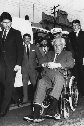 Judge Ray Watson arrives at his wife Pearl's funeral at the Newtown Uniting Church on July 10, 1984.
