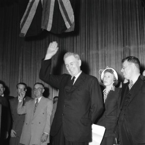 
Ben Chifley opening his election campaign at the Empire Theatre in Sydney on 4 April 1951.