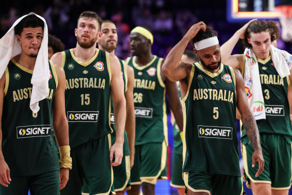 The Boomers looked dejected after their loss to Slovenia at Okinawa Arena.