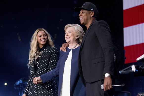 Hillary Clinton, on stage with Jay Z, and Beyonce in 2016.