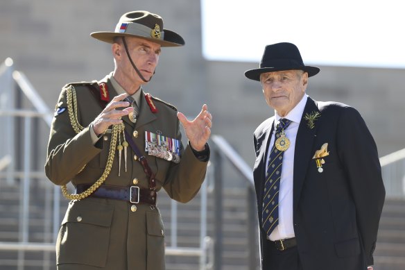 The Chief of the Defence Force, General Angus Campbell, in 2021 with billionaire media proprietor Kerry Stokes, who was then chairman of the Australian War Memorial.