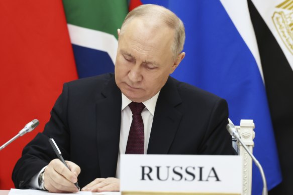Russian President Vladimir Putin takes part in an extraordinary BRICS summit to discuss the Palestinian-Israeli conflict.