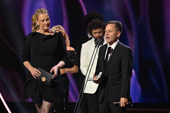 Greg Hassall accepts the best current affairs program award for Australian Story at the Logie Awards on August 16.