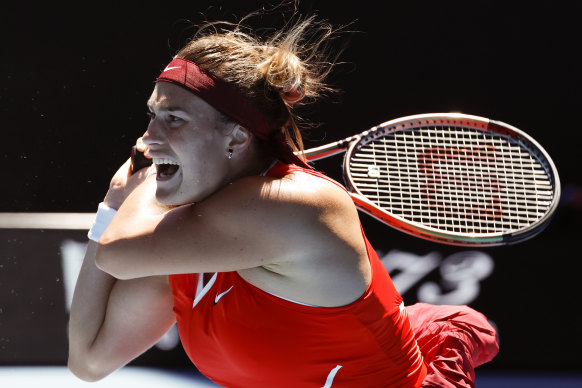 Aryna Sabalenka belts a backhand but struggled with her serve.