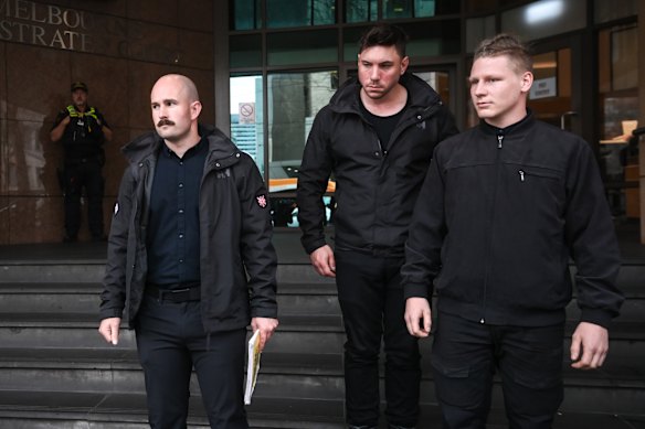 Thomas Sewell (left) outside court in Melbourne late last year with Jimeone Roberts and Nathan Bull of his neo-Nazi group.