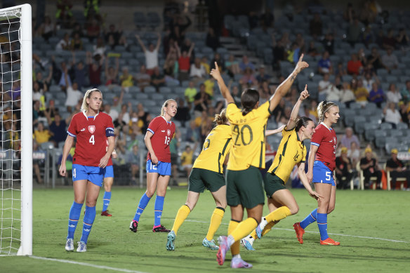 Hayley Raso celebrates a goal with teammates during the Cup of Nations match between the  Matildas and Czechia at Industree Group Stadiumin Gosford.