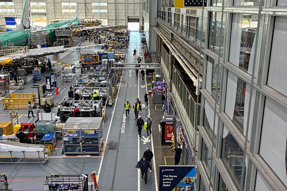 A busy but orderly floor at Boeing’s Renton factory.