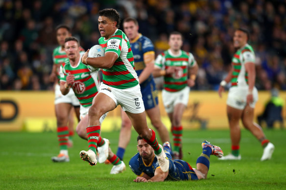 Latrell Mitchell on the charge against Parramatta earlier this month.