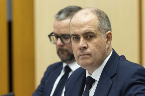 ABC news director Justin Stevens and ABC managing director David Anderson during the Senate estimates hearing.