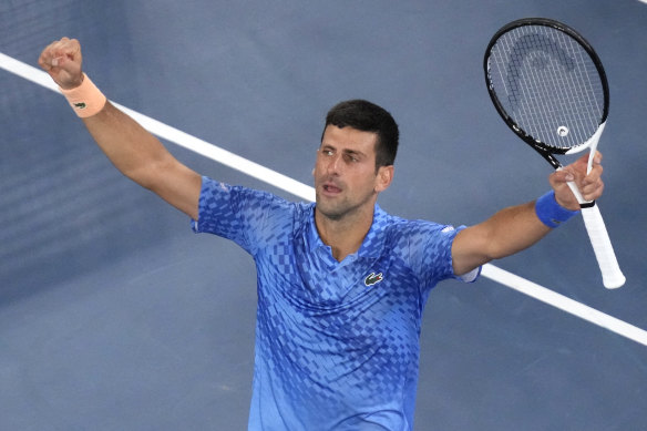 Novak Djokovic celebrates his win over Grigor Dimitrov.