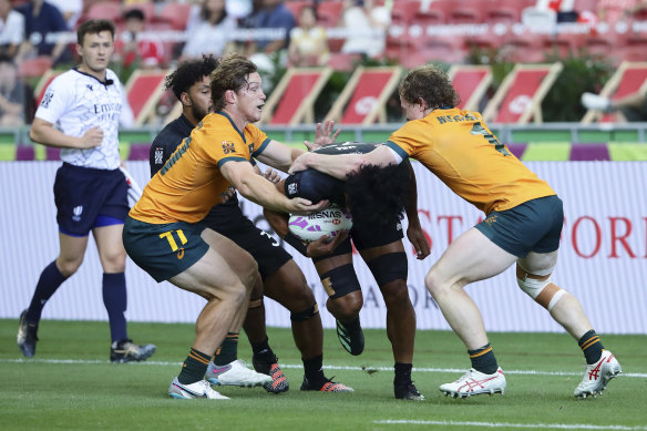 Michael Hooper playing for the Australian sevens team against New Zealand in Singapore.