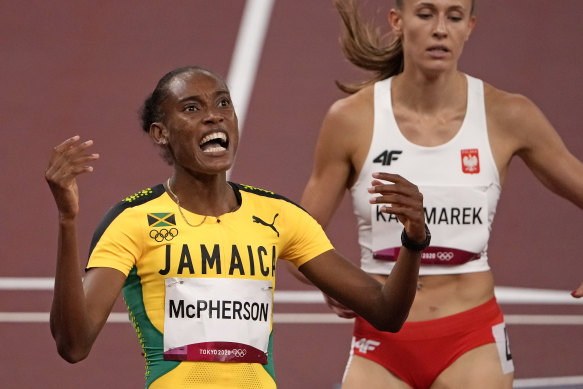 Jamaica’s Stephenie McPherson reacts.