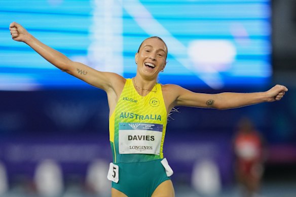 Rose Davies celebrates her win and Australia’s first gold at the track.
