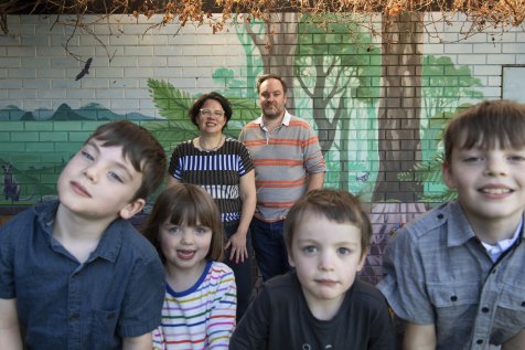 Caitlin Le Vaillant, husband Tobye and kids Bertie, 6, twins Beatrix and Ludo, 4, and Teddy 8. 