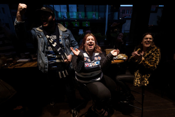 Caitlin Mikinlay enjoys the grand final at the Sporting Globe in Geelong on Saturday night.