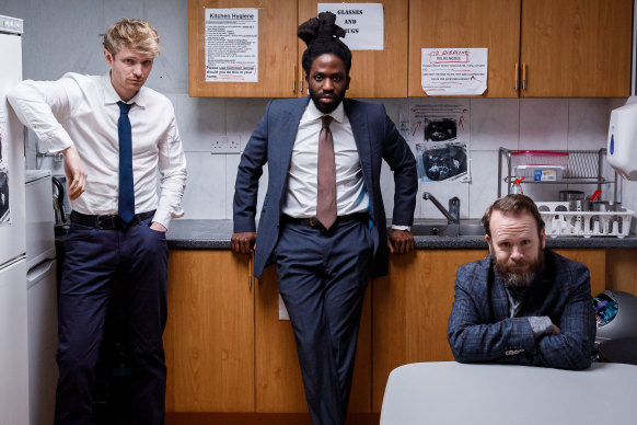 Alexander Owen, Adjani Salmon and Toby Williams in the big-hearted comedy Dreaming Whilst Black, which Adjani co-created.