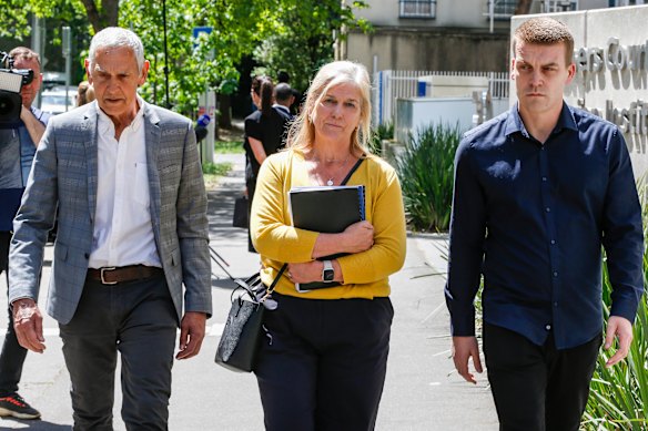 Kyle Hudson’s stepfather John Viljoen, mother Kerry and brother Ryan leave the Victorian Coroners Court on Tuesday.