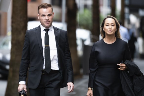 Taylor Auerbach arriving at the Federal Court in Sydney on Thursday with his lawyer Rebekah Giles.
