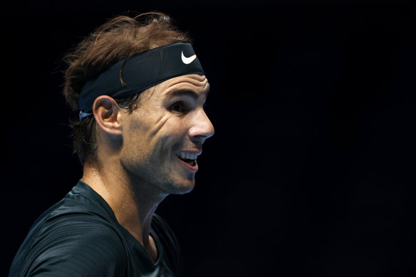 Rafael Nadal reacts during his loss to Dominic Thiem at the ATP Finals in London.
