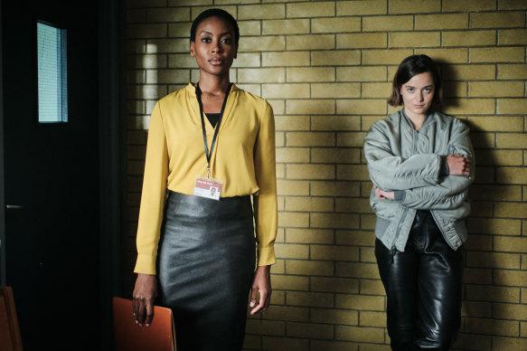 Celine Buckens (right) plays an entitled university student charged with murder. The trial could also change the career of her solicitor, played by Tracy Ifeachor.