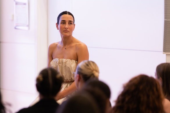 Baaby designer and founder Amelia Mercoulia speaks at the Melbourne Fashion Week event wearing her own sustainably designed range. 
