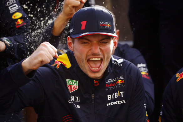 Max Verstappen enjoys his win at the Canadian Grand Prix.
