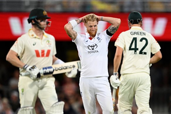 Ben Stokes holds his head in frustration as Steve Smith and Cameron Green pile on the runs.