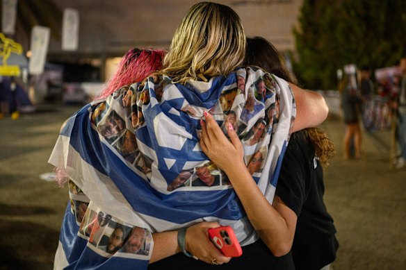 Israelis gather in Hostages Square in Tel Aviv.
