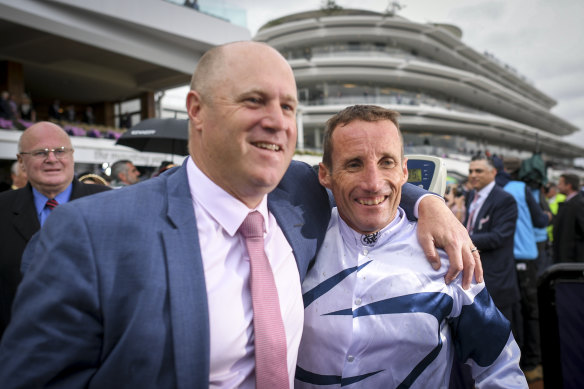 Damien Oliver with trainer Danny O’Brien pictured after Miami Bound’s 2019 VRC Oaks win.