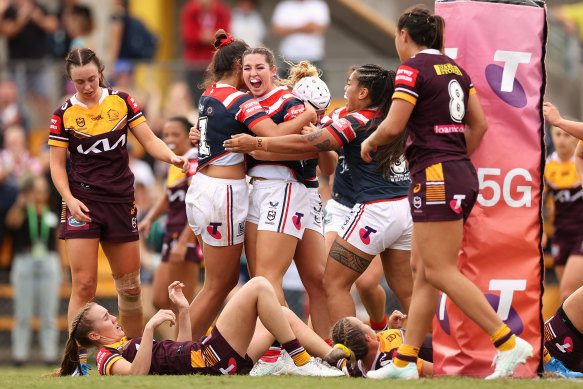 Jocelyn Kelleher celebrates scoring a try during the Roosters’ NRLW semi-final win over Brisbane.