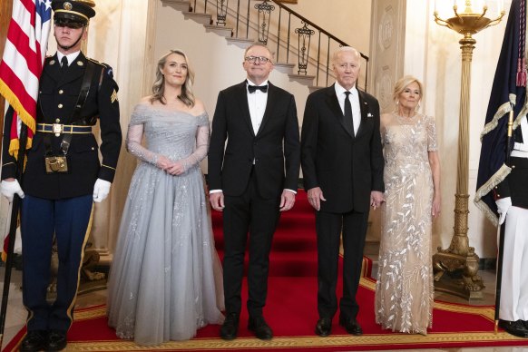 Prime Minister Anthony Albanese and his partner Jodie Haydon arrive at the White House for a state dinner hosted by US President Joe Biden and first lady Jill Biden.